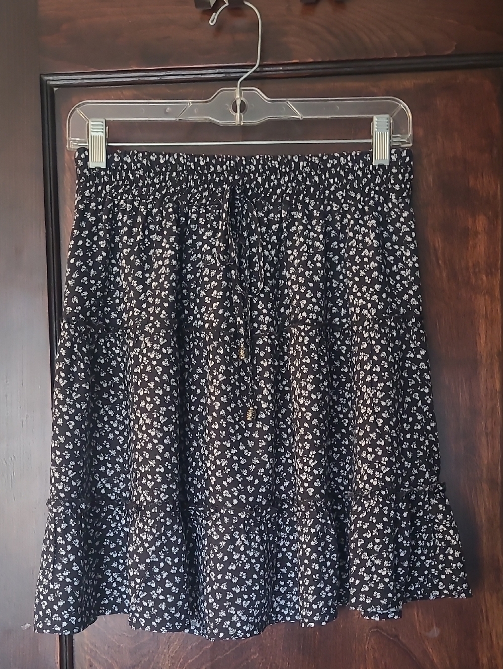 Black Floral Tiered Skirt with Drawstring Waist